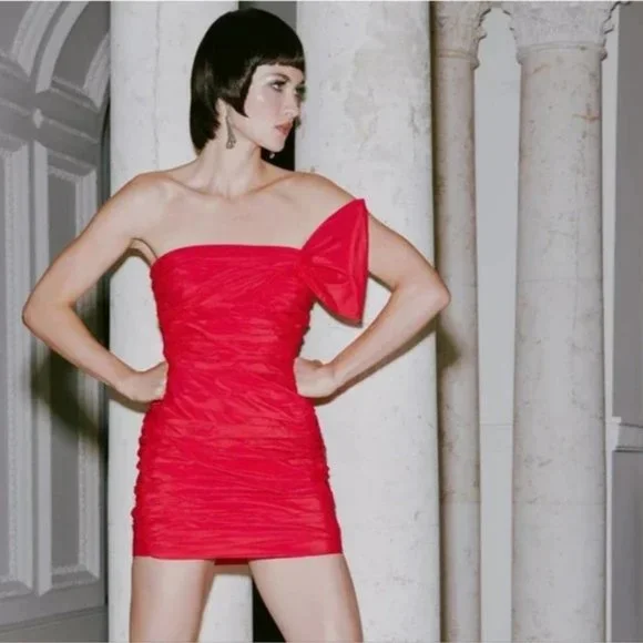 NWT Zara Bow Ruched Mini Dress size L - Picture 3 of 7